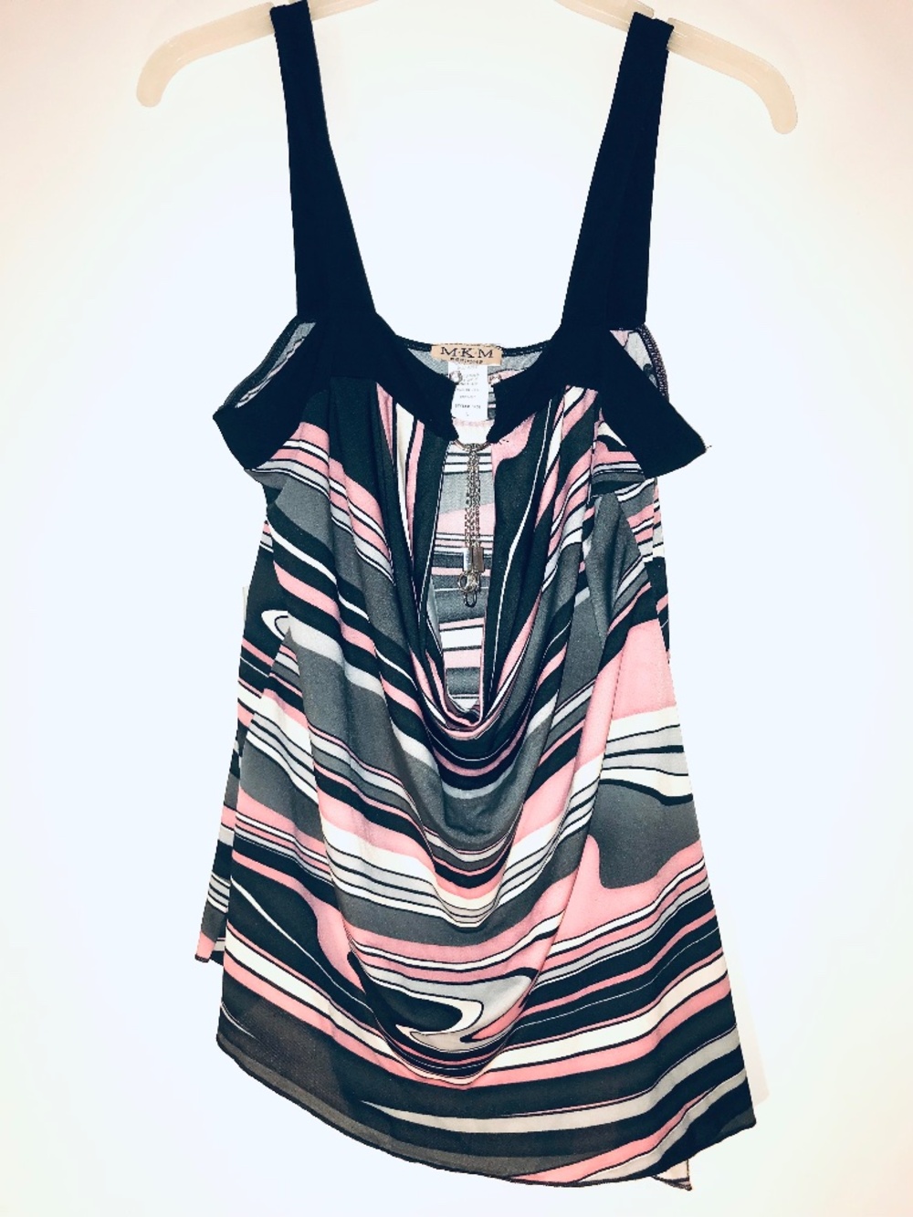 NWT Vintage Y2K MKM Designs Striped Cowl Neck Chain Tank Top L Black White Pink